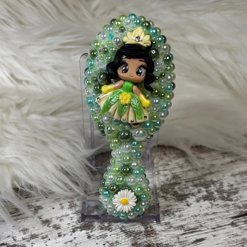 Green and Yellow Beaded Hairbrush with Tiana Doll Design